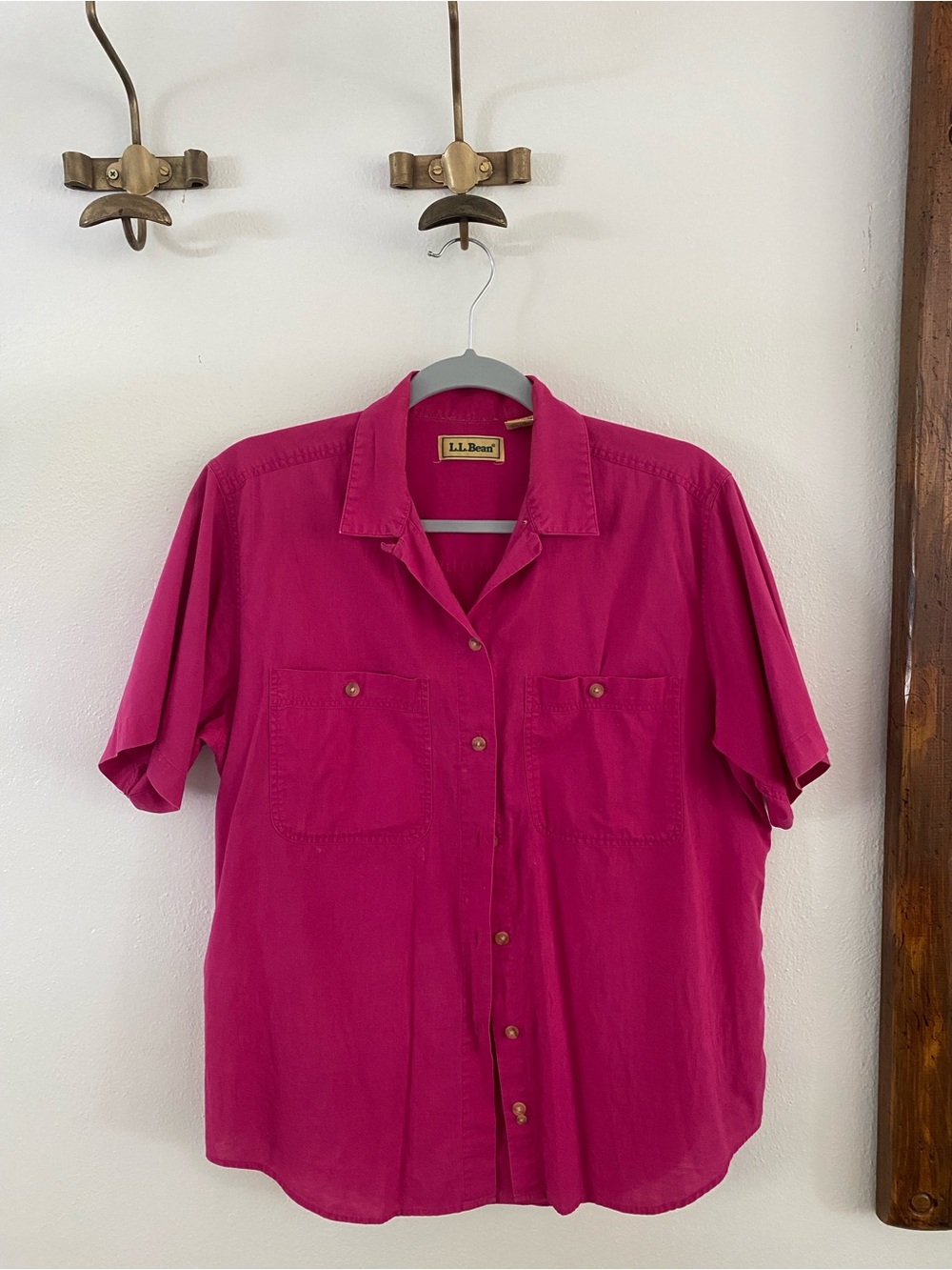 L.L. Bean Short-Sleeve Cotton Button-Up Shirt in Bright Magenta
